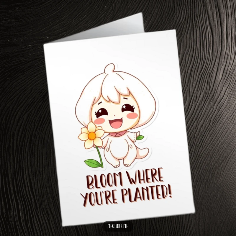 Funny Free Printable birthday card with a joyful character smiling radiantly at a beautiful blooming flower.