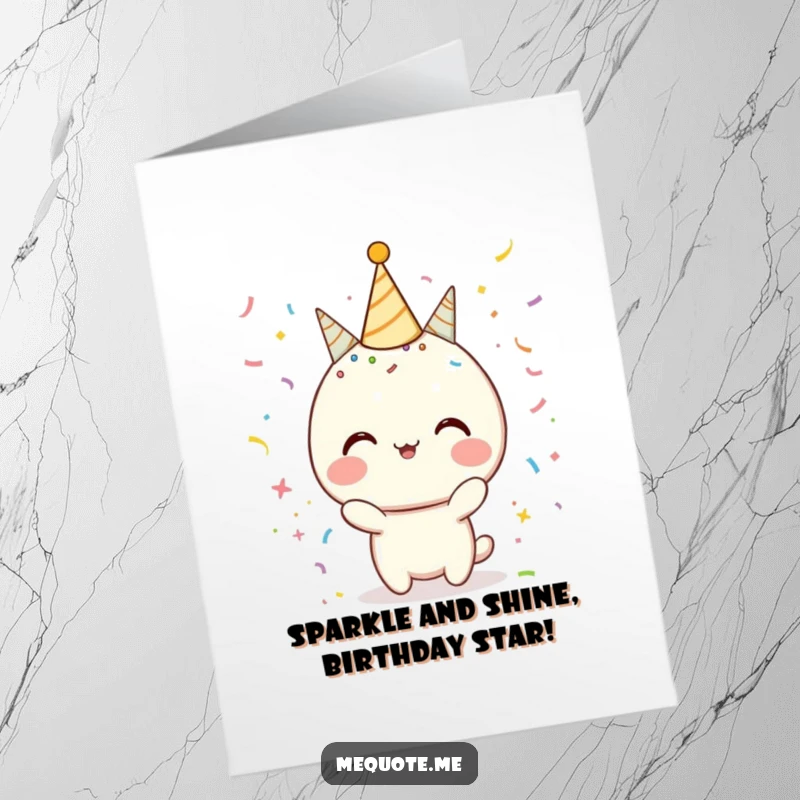 Funny Free Printable birthday card with a character celebrating amidst colorful confetti and sparkling lights around its head, pure joy.