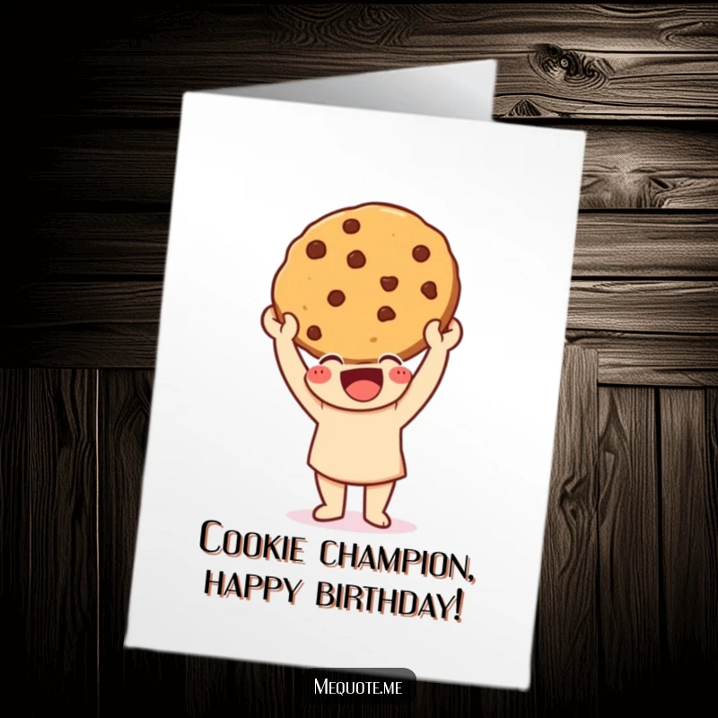 Funny Free Printable Birthday Card: Happy character triumphantly holding a delicious freshly baked cookie, celebrating a sweet victory.