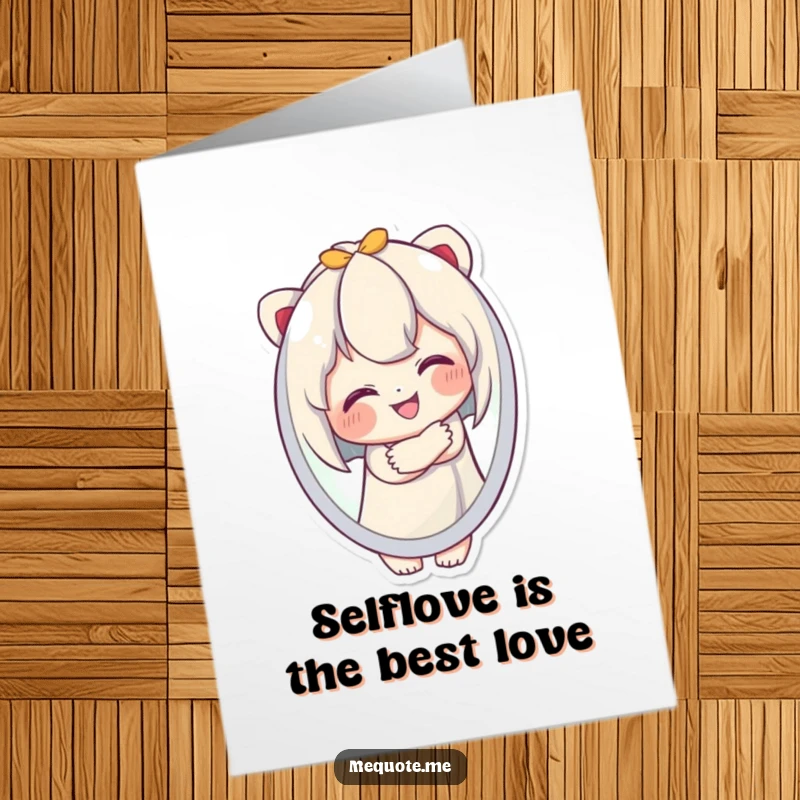 Funny Free Printable Birthday Card: Cute character hugging its mirror reflection joyfully, perfect for a silly greeting.