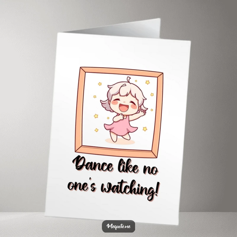 Funny Free Printable Birthday Card: Character laughing exuberantly while dancing playfully in a mirror, a joyful celebration.