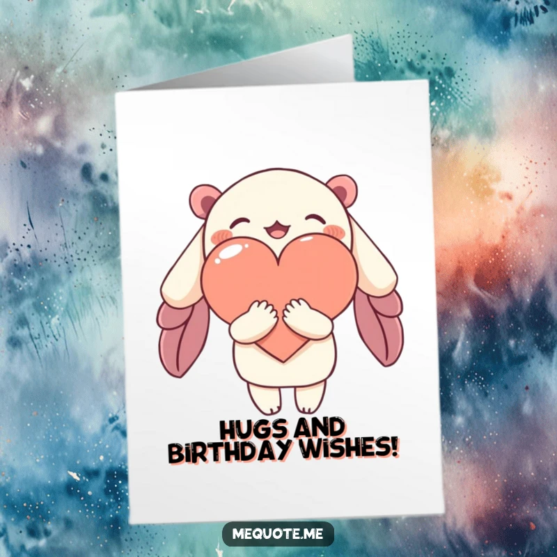 Funny Free Printable birthday card featuring a charming character giving a loving embrace to an abstract heart shape.