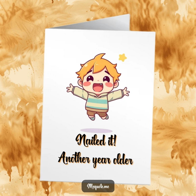 Funny Free Printable birthday card featuring an excited character leaping with joy, perfect for celebrating any small accomplishment.