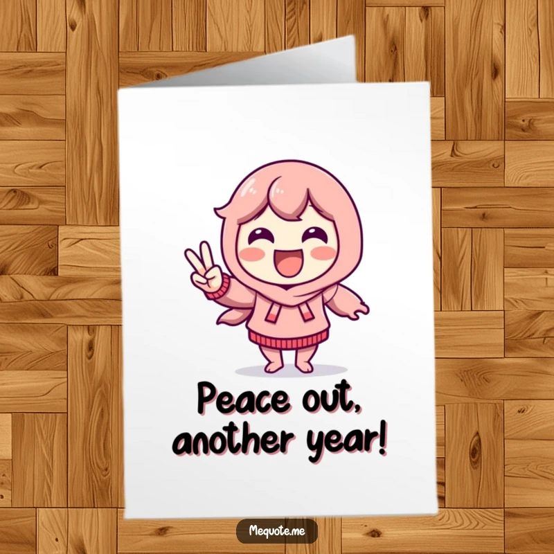 Funny Free Printable Birthday Card: Delighted character doing a joyful victory dance, flashing a peace sign with excitement.
