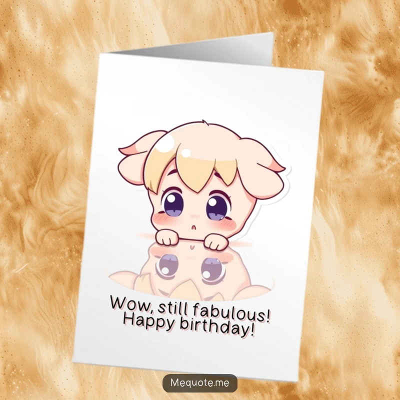 Funny Free Printable Birthday Card: Surprised character comically gazing at its reflection in a shiny surface, showing utter astonishment.