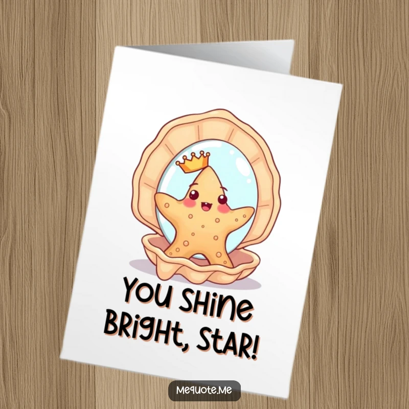 Funny free printable birthday card: a cute starfish in a crown admires its reflection in a shell mirror.