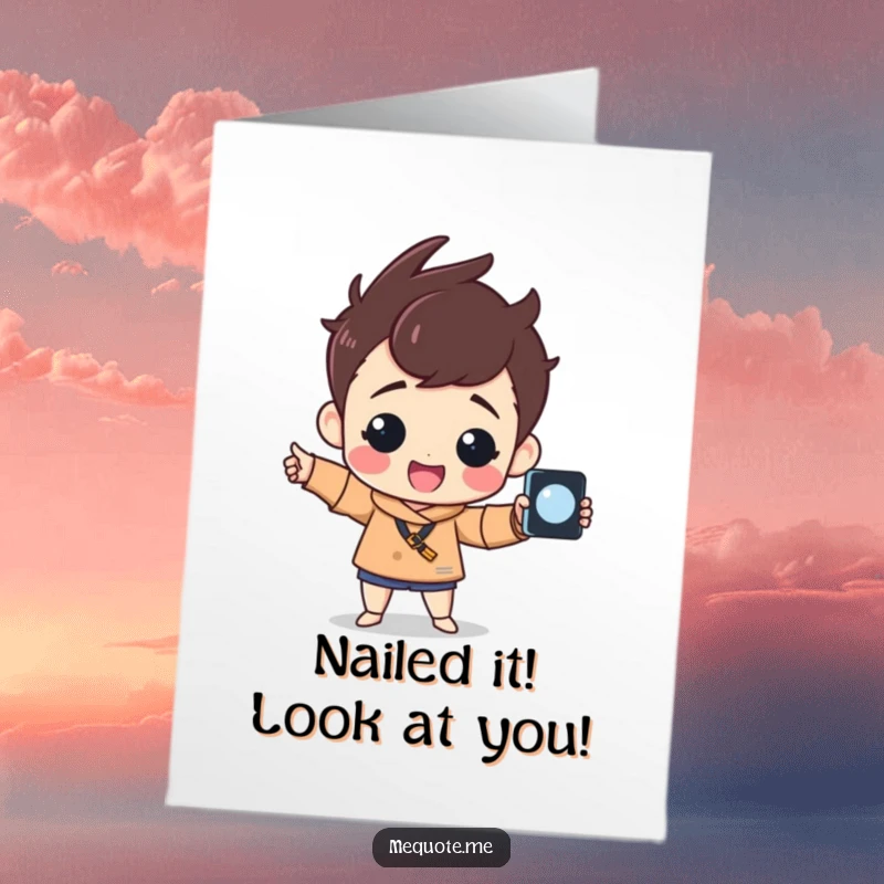 Funny Free Printable Congrats Card: Cheerful character proudly taking a selfie, celebrating your amazing accomplishment.