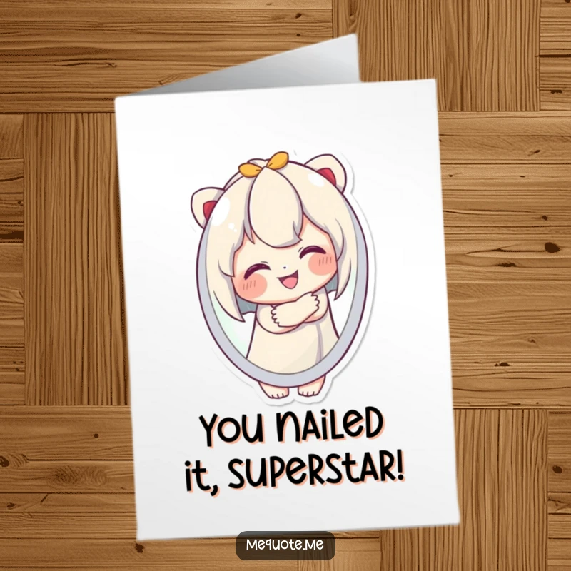 Funny Free Printable Congratulations Card: Character beams happily while hugging its reflection, a self-love celebration.