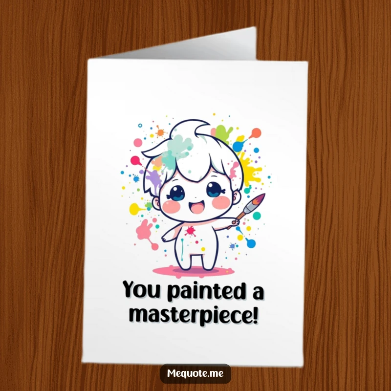 Funny Free Printable Congratulations Card with a delighted paintbrush character energetically splattering colors, celebrating a wonderful accomplishment.