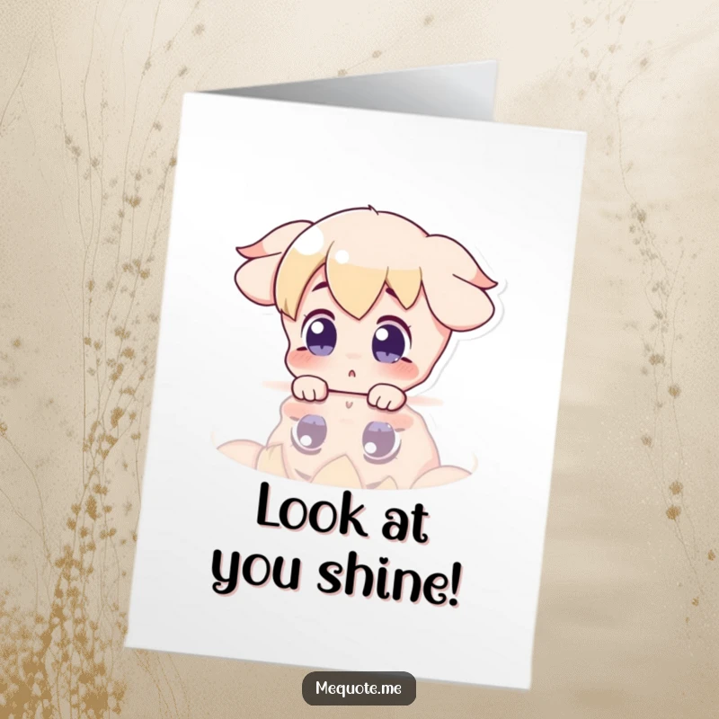 Funny Free Printable Congrats Card: Surprised character gazing at its reflection in a shiny surface, amazed by their own accomplishment.