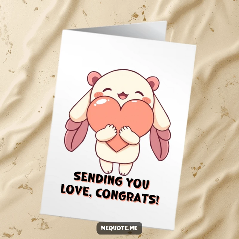 Funny Free Printable congratulations card with a charming character offering a warm hug to an abstract heart.