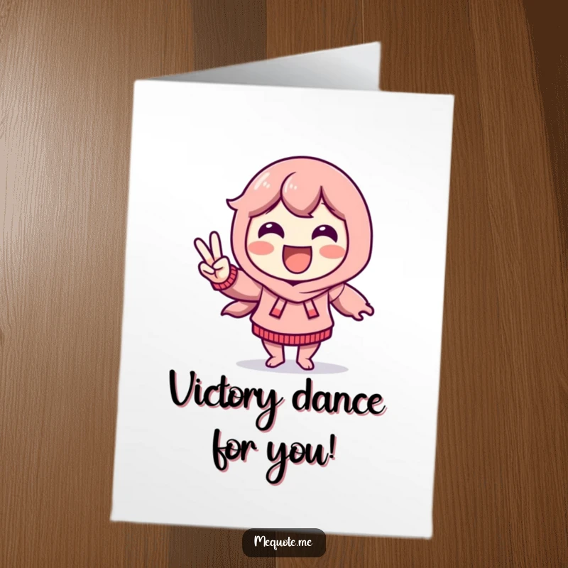 Funny Free Printable Congrats Card: Delighted character doing a vibrant victory dance, giving a peace sign to celebrate success.