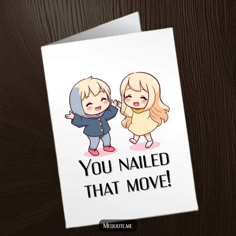 Funny Free Printable Congratulations Card: Playful character gleefully dancing, celebrating success with its reflection.