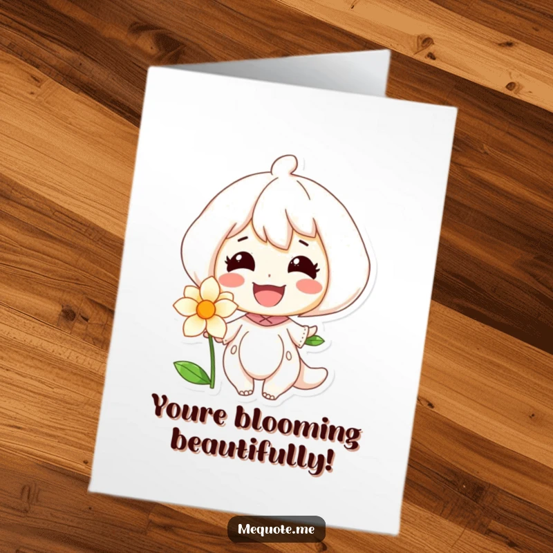 Funny Free Printable congratulations card featuring a character with a radiant smile sharing joy with a blooming flower.