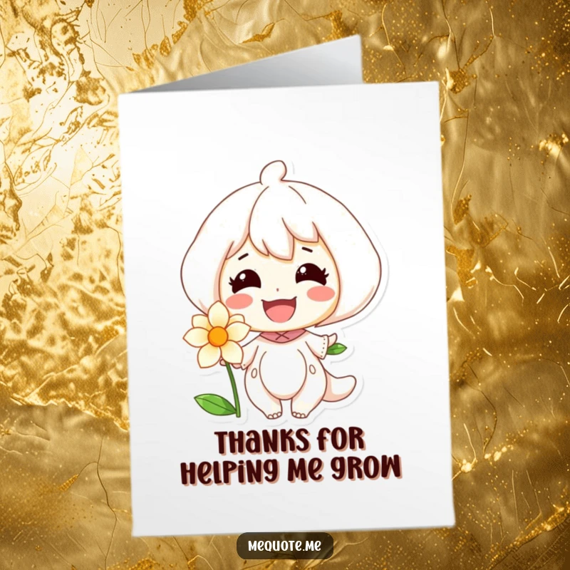 Funny Free Printable thank you card with a character beaming a radiant smile at a vibrant blooming flower.