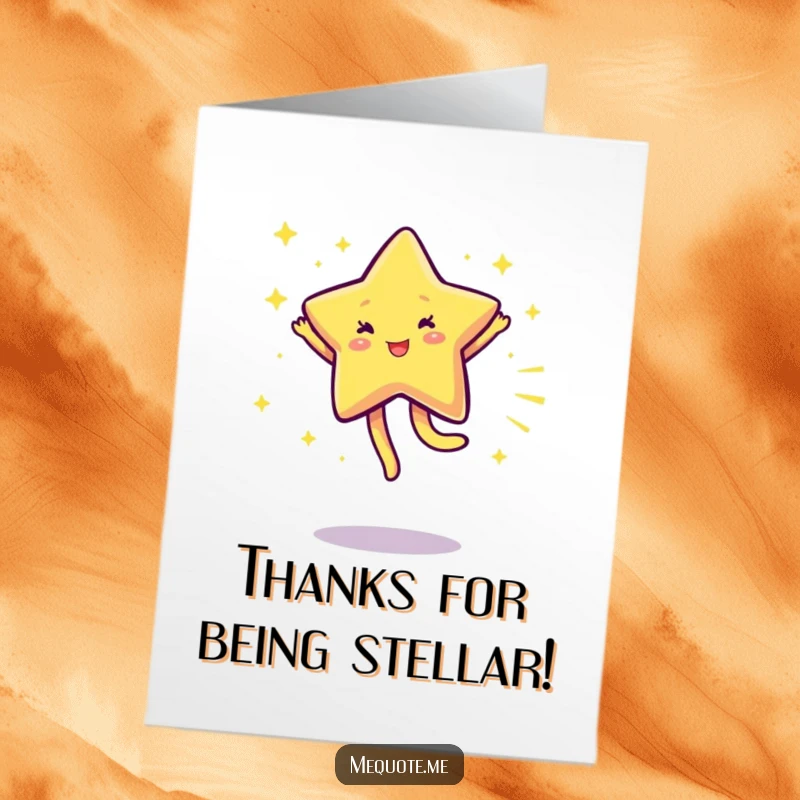 Free printable star thank you card, a sparkling star character doing a cartwheel to say thanks.