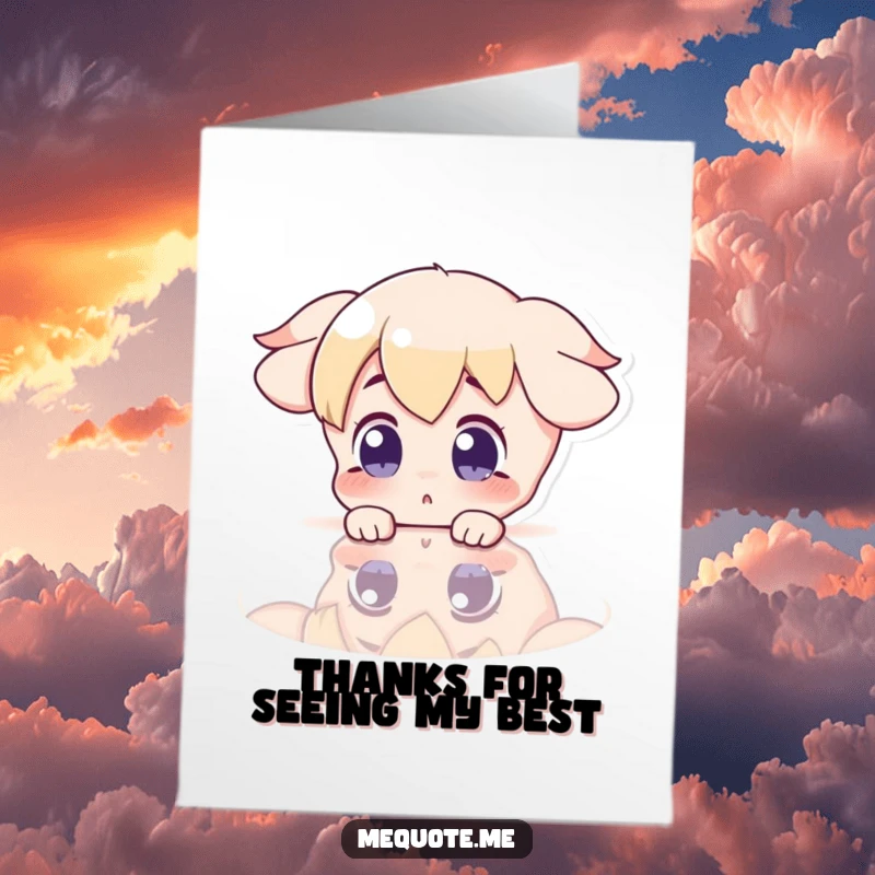 Funny Free Printable Thank You Card: Surprised character gazing at its reflection in a shiny surface, amazed by the recipient's kindness.