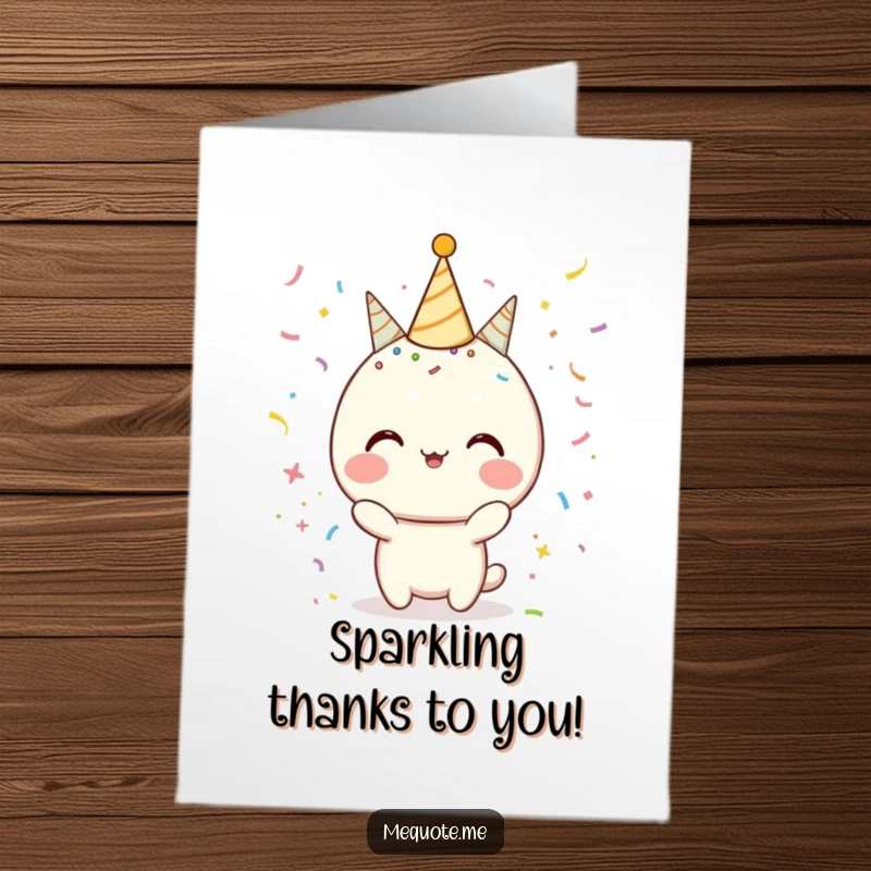 Funny Free Printable thank you card with a character surrounded by confetti and sparkles, signifying a joyous thank you.