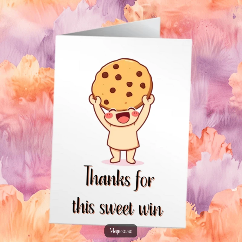 Funny Free Printable Thank You Card: Happy character triumphantly holding up a freshly baked cookie, expressing sweet gratitude.