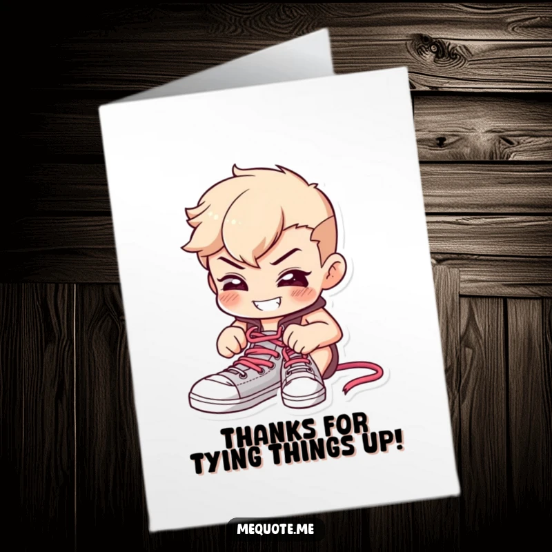Funny Free Printable Thank You Card of a determined character tying shoelaces with a grin, expressing gratitude for effort.