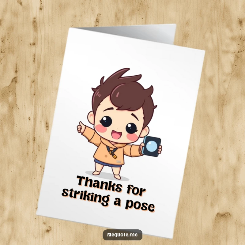 Funny Free Printable Thank You Card: Cheerful character striking a proud selfie pose, showing appreciation with a smile.