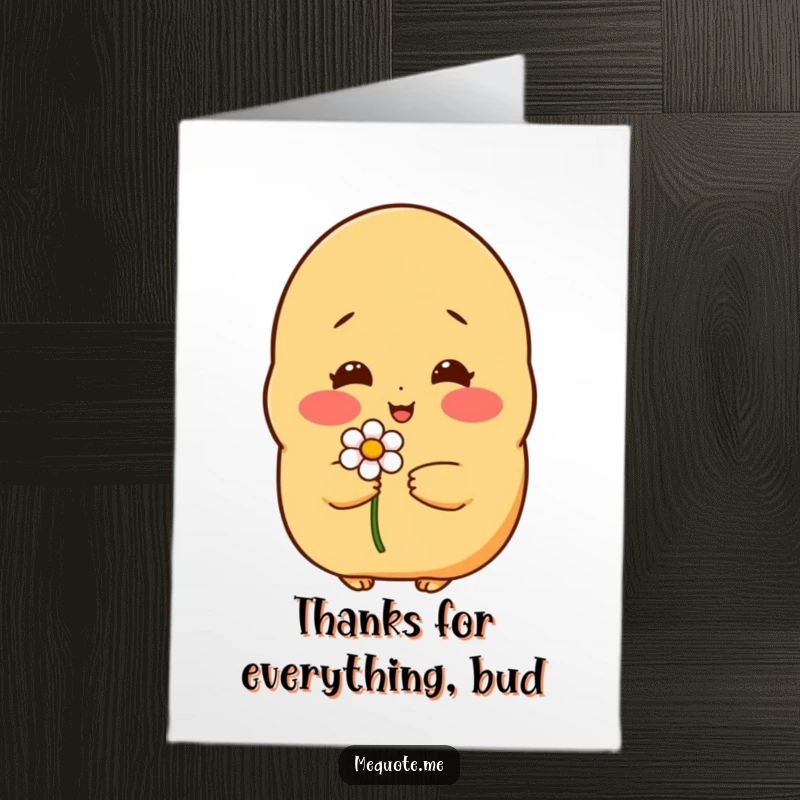 Funny Free Printable Thank You Card: Shy potato character blushing and holding a flower to say thank you.