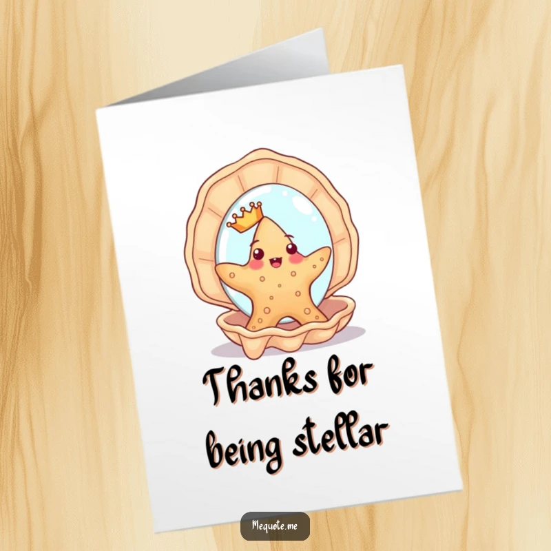 Funny free printable thank you card: a cute starfish in a tiny crown gazes into a seashell mirror.