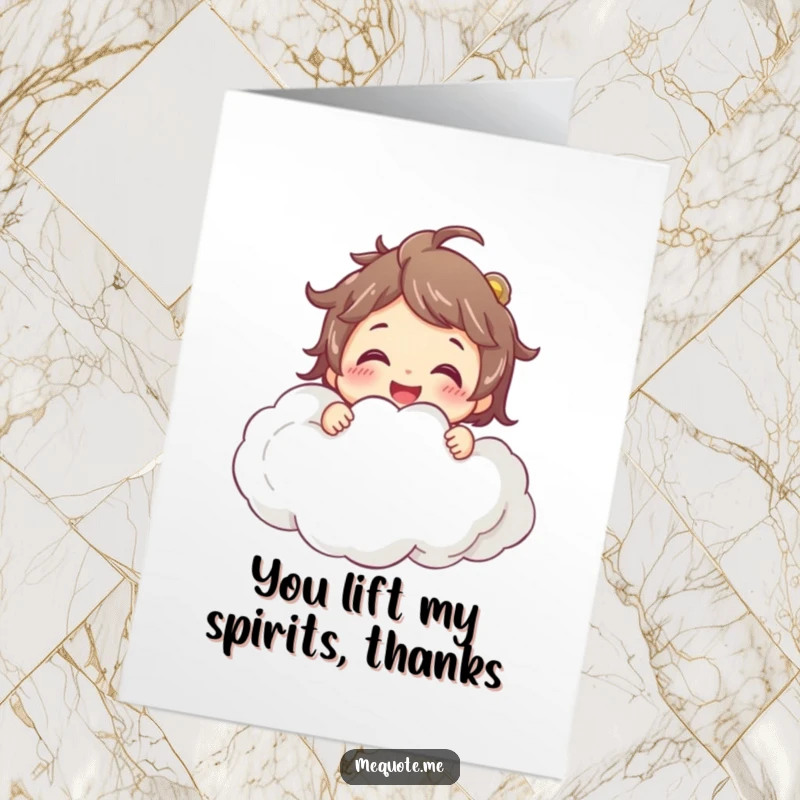 Funny Free Printable Thank You Card: Character happily hugging a cloud, sending thanks.