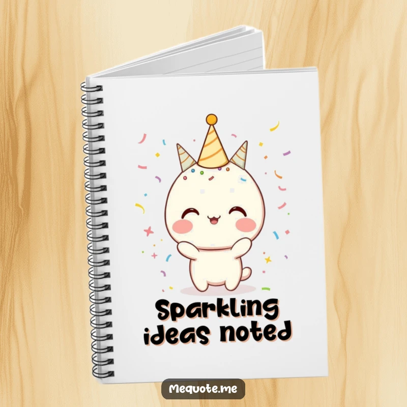 Funny Notebook with a character celebrating amidst confetti and sparkles, designed for jotting down festive ideas.