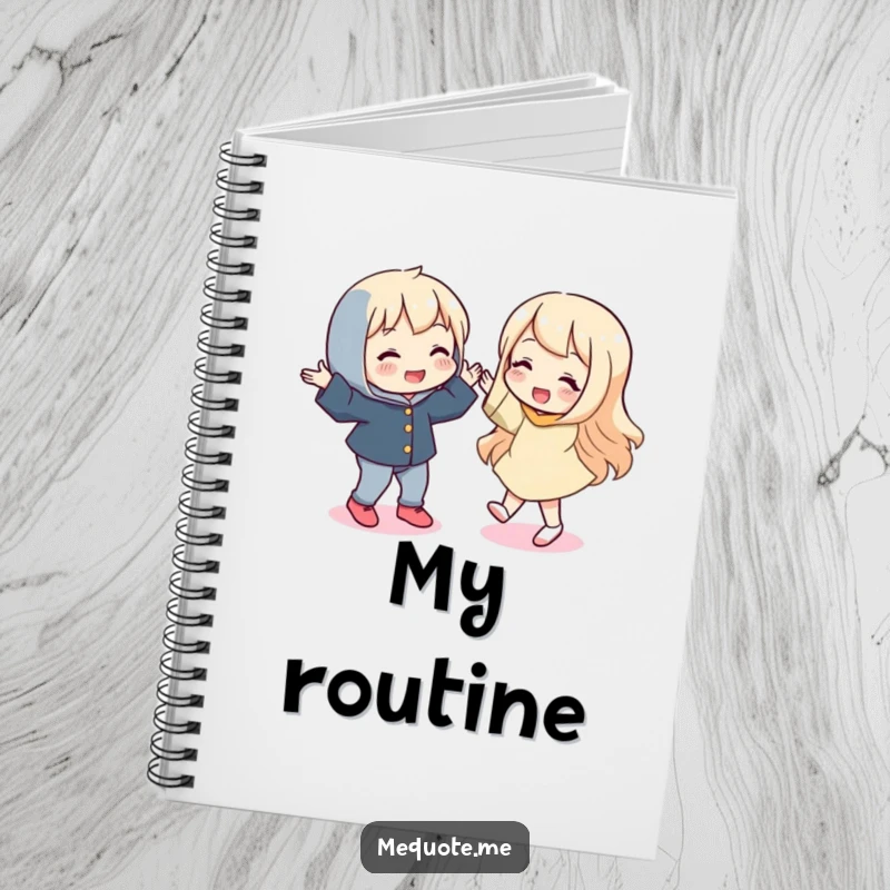 Funny notebook with a playful character performing a silly dance, its mirror reflection also grooving, for writing fun ideas.