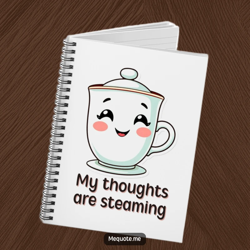 Funny notebook with a contented teacup character and a happy, steamy grin, perfect for journaling or notes. A humorous stationery gift.