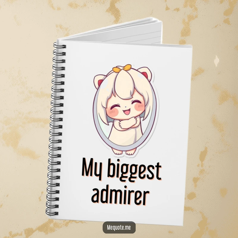 Funny Notebook featuring a cute character joyfully hugging its own smiling reflection, ideal for jotting down funny ideas.