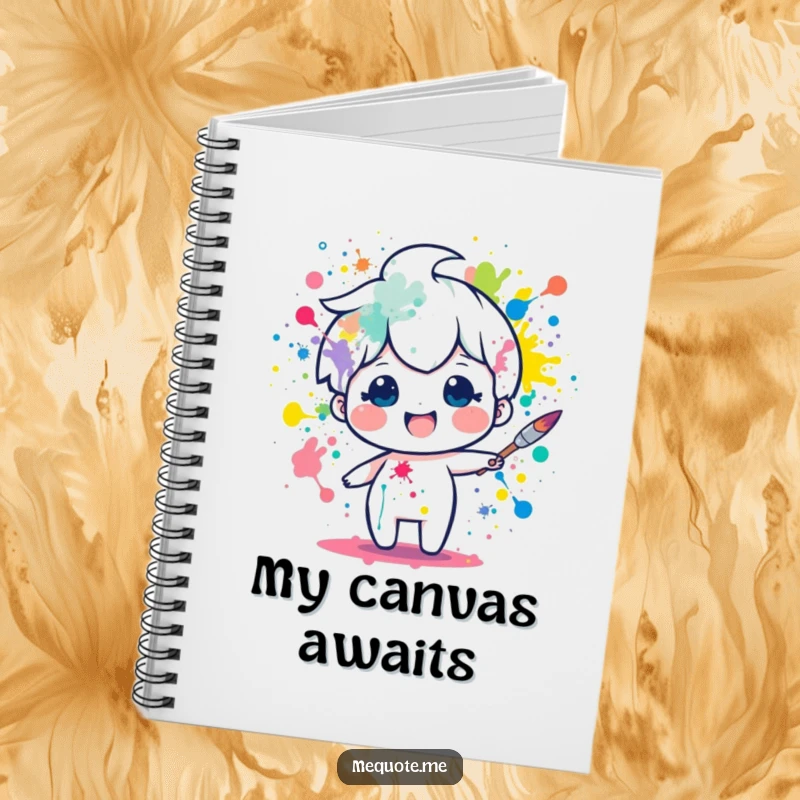Funny notebook with a delighted paintbrush character splattering colorful paint, ideal for sketching and notes. A humorous stationery gift.