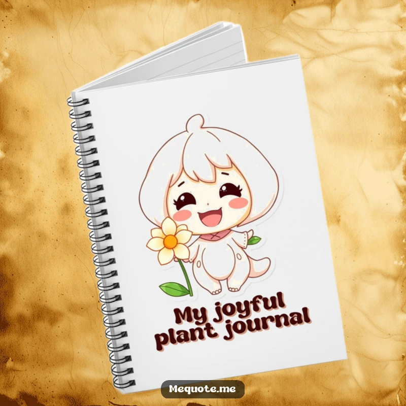 Funny notebook cover with a character's glowing smile presented to a blossoming flower, symbolizing creativity and positivity.