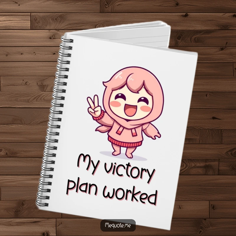Funny Notebook with a delighted character doing a victory dance and flashing a peace sign, ideal for notes and wins.