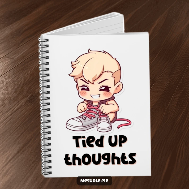 Funny notebook cover featuring a determined character focused on tying shoelaces with a cheerful grin, inspiring goal-setting.