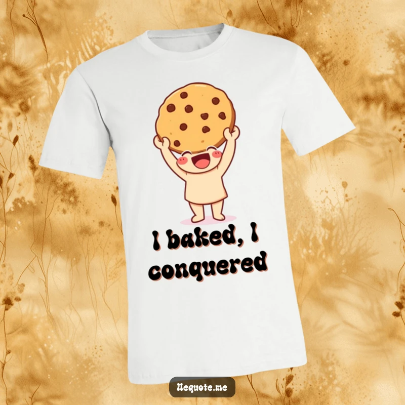 Funny T-Shirt depicting a happy character triumphantly holding a freshly baked cookie, exuding joy and accomplishment.