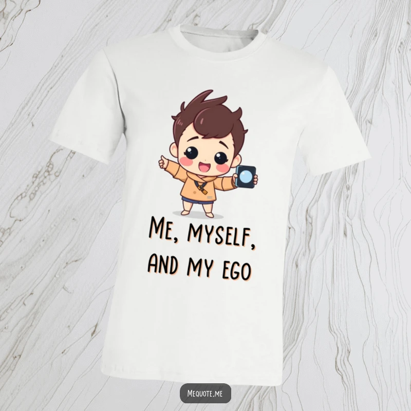 Funny T-Shirt showcasing a cheerful character proudly posing for a selfie with a stick, radiating confidence and humor.