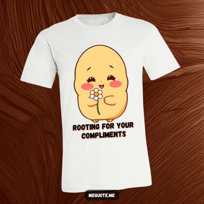 Funny t-shirt: A blushing potato character shyly presenting a beautiful flower, radiating sweet innocence.