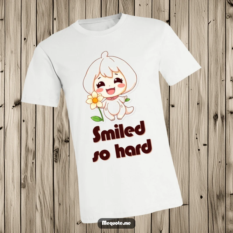 Funny t-shirt with a character radiating pure joy through a wide smile, presented alongside a beautiful, blooming flower.