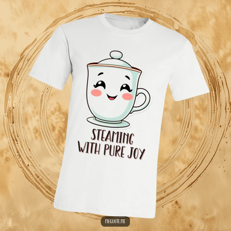 Funny t-shirt with a cute teacup character sporting a delightful, steamy grin, bringing smiles and warmth. A humorous apparel gift.