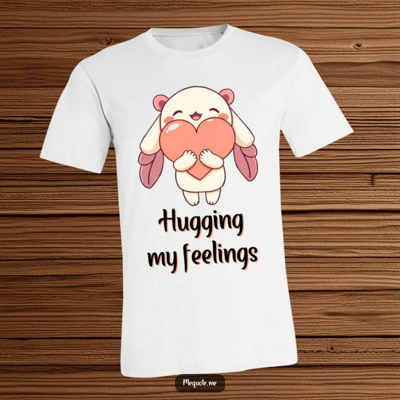 Funny t-shirt depicting a character giving a warm, comforting hug to an abstract heart shape, representing love and care.