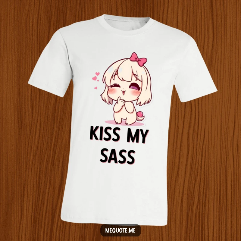 Funny t-shirt with a charming, giggling character caught in the act of blowing a sweet and playful kiss.