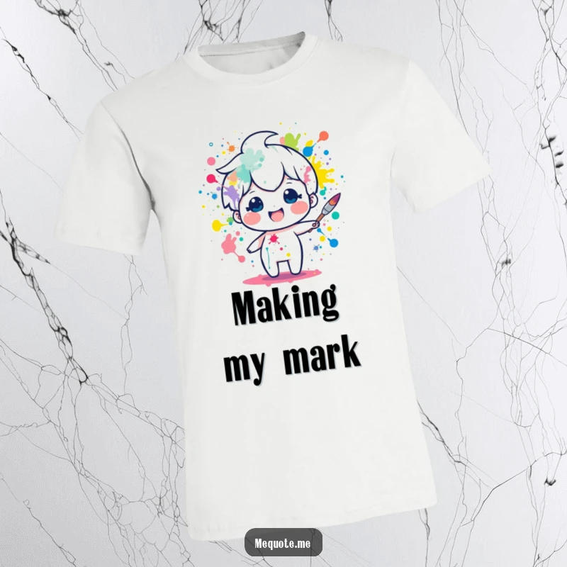 Funny t-shirt featuring a delighted paintbrush character gleefully splattering a rainbow of colors. A humorous apparel gift for artists.