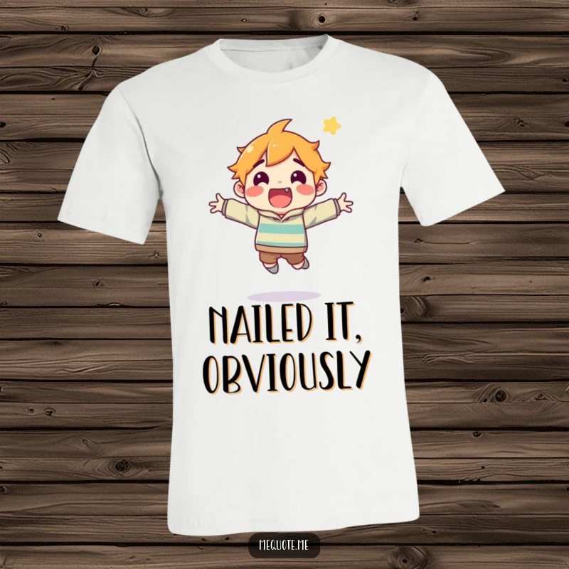 Funny t-shirt featuring an overjoyed character performing an athletic jump, signifying elation over a minor personal success.