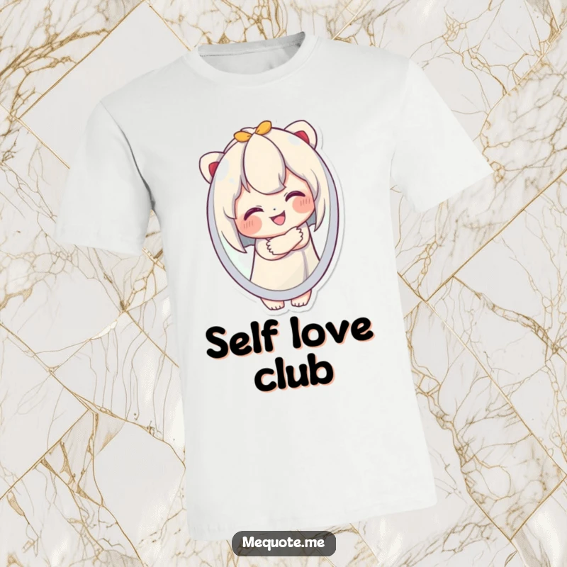 Funny T-Shirt featuring a cute character joyfully embracing its own smiling reflection, promoting self-love and confidence.