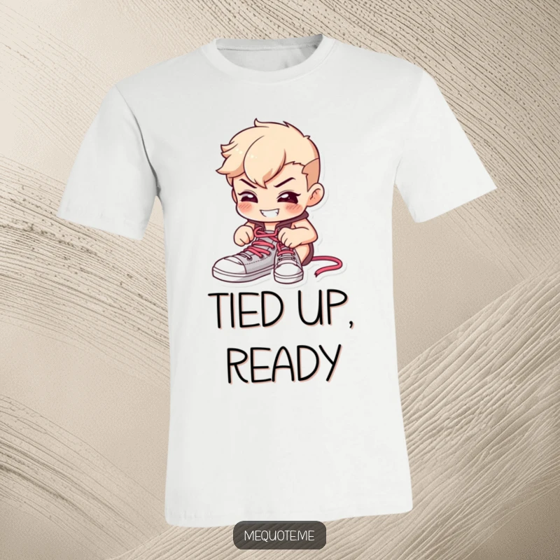 Funny t-shirt depicting a determined character focused on tying shoelaces, a clear grin of anticipation on its face.