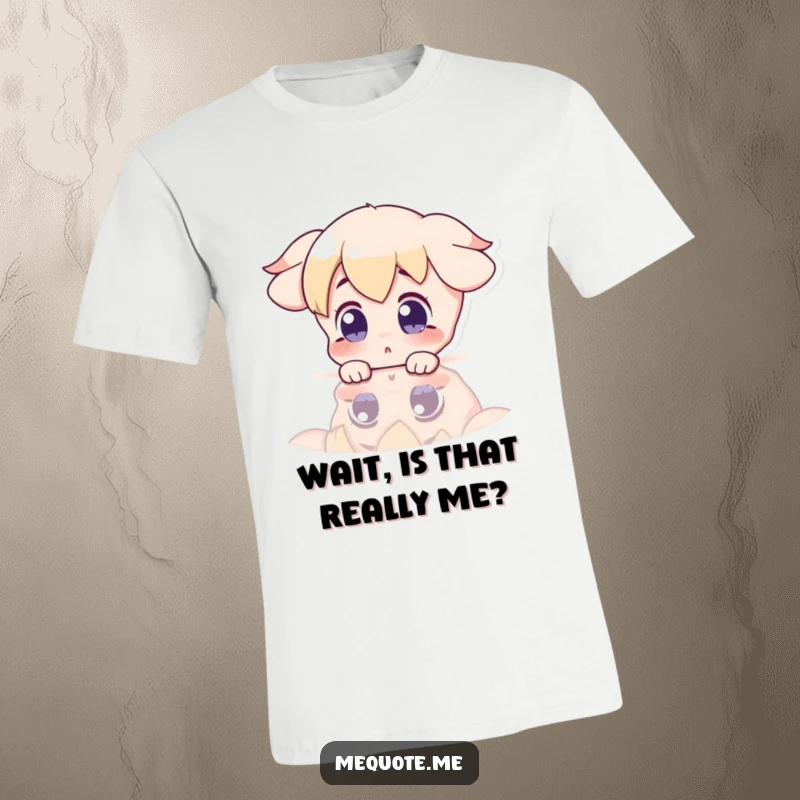 Funny T-Shirt featuring a surprised character gazing at its reflection in a shiny surface, capturing a moment of shock.