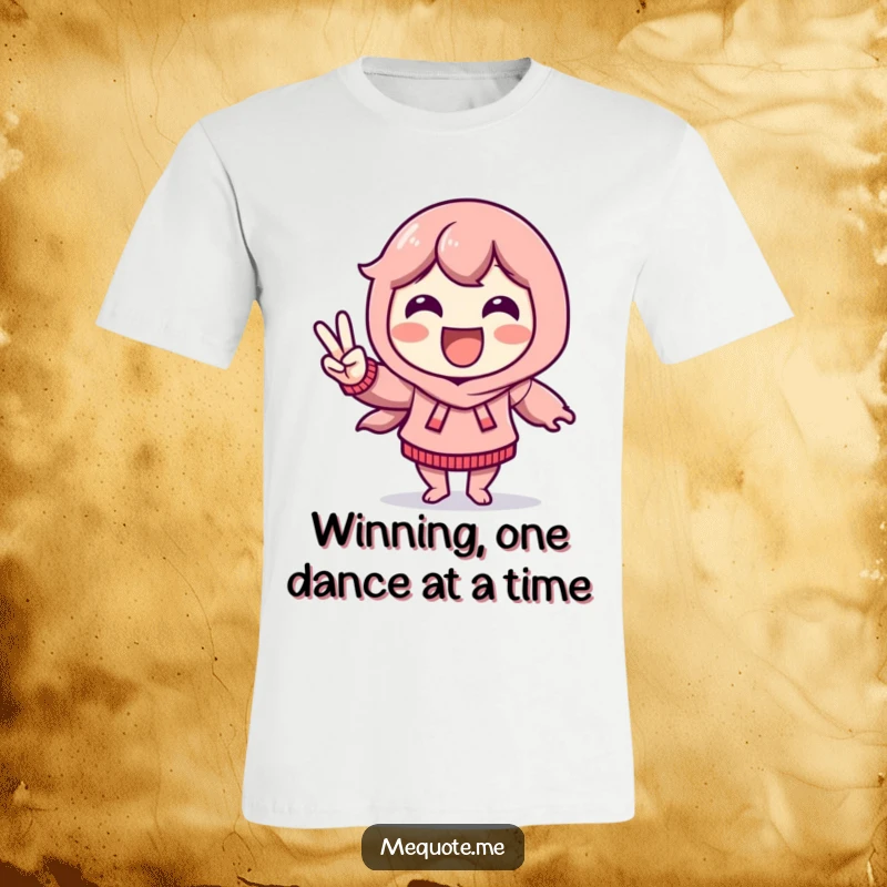 Funny T-Shirt depicting a delighted character doing a victory dance and flashing a peace sign, full of positive energy.