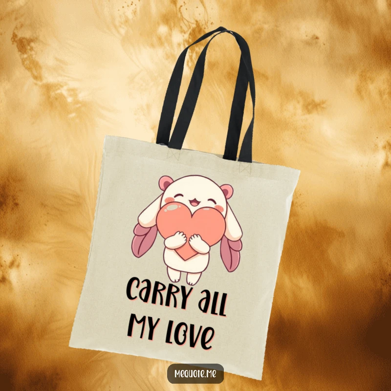 Funny tote bag with a character giving a gentle hug to a stylized heart, representing love, compassion, and warmth.